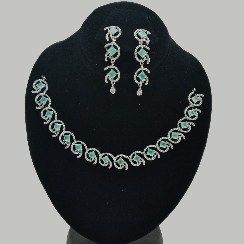 Luxury Rhodium-Plated Necklace & Earring Set – Crystal-Embedded Leaf Motif – Rs. 2,900