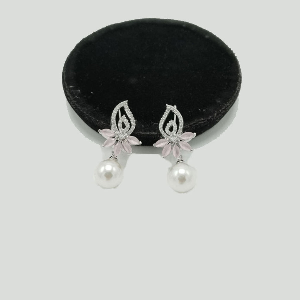 Silver Pearl Drop Earrings with CZ Floral Top – Rs. 1,150