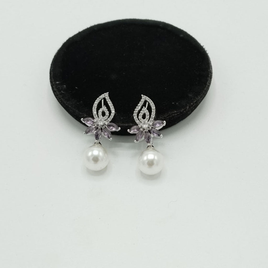 Silver Pearl Drop Earrings with CZ Floral Top – Rs. 1,150