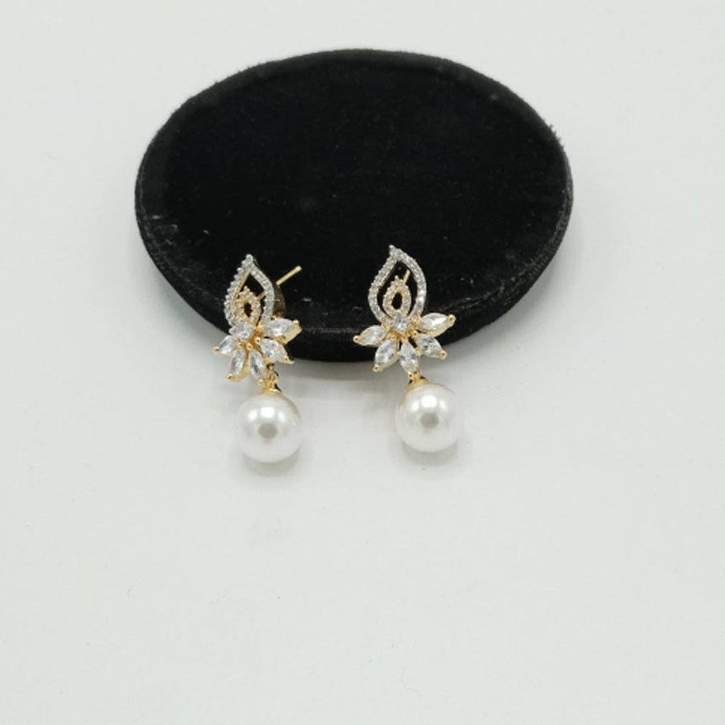 Elegant Gold Earrings with CZ Floral Top & Pearl Drop