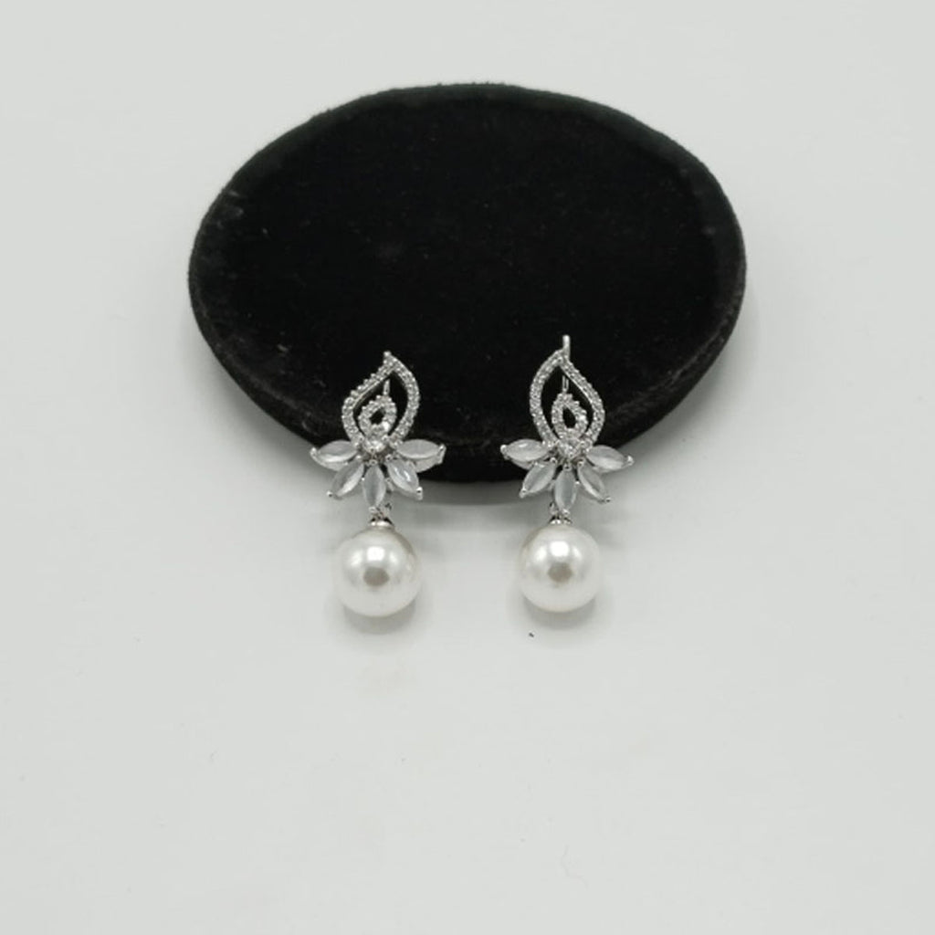 Silver Pearl Drop Earrings with CZ Floral Top – Rs. 1,150