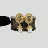 Oval Gold Stud Earrings with Pearl Drop – Rs. 1,100