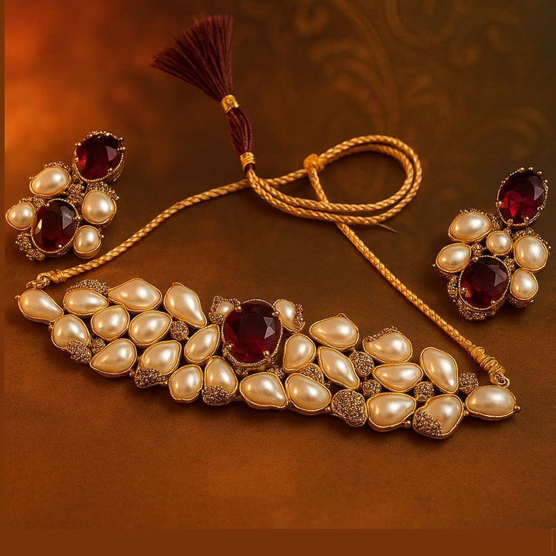 Royal Maroon & Pearl Statement Necklace Set with Earrings – Rs. 5200