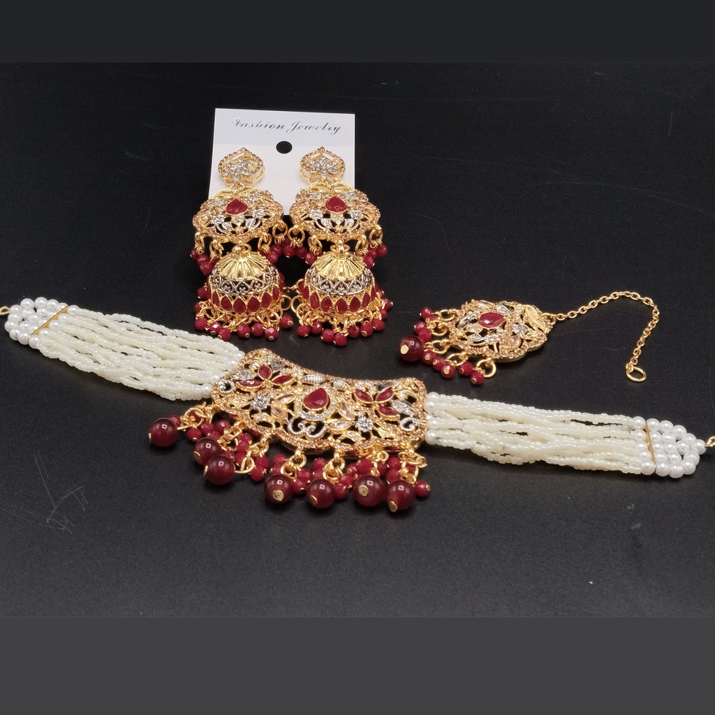 Gold-Tone Pearl Choker Set with Jhumka Earrings & Maang Tikka – Rs,1,350