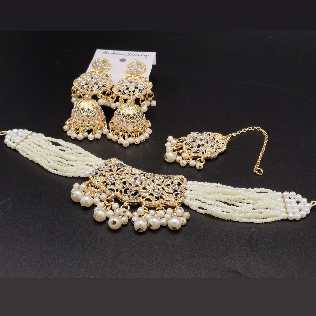 Gold-Tone Pearl Choker Set with Jhumka Earrings & Maang Tikka – Rs,1,350
