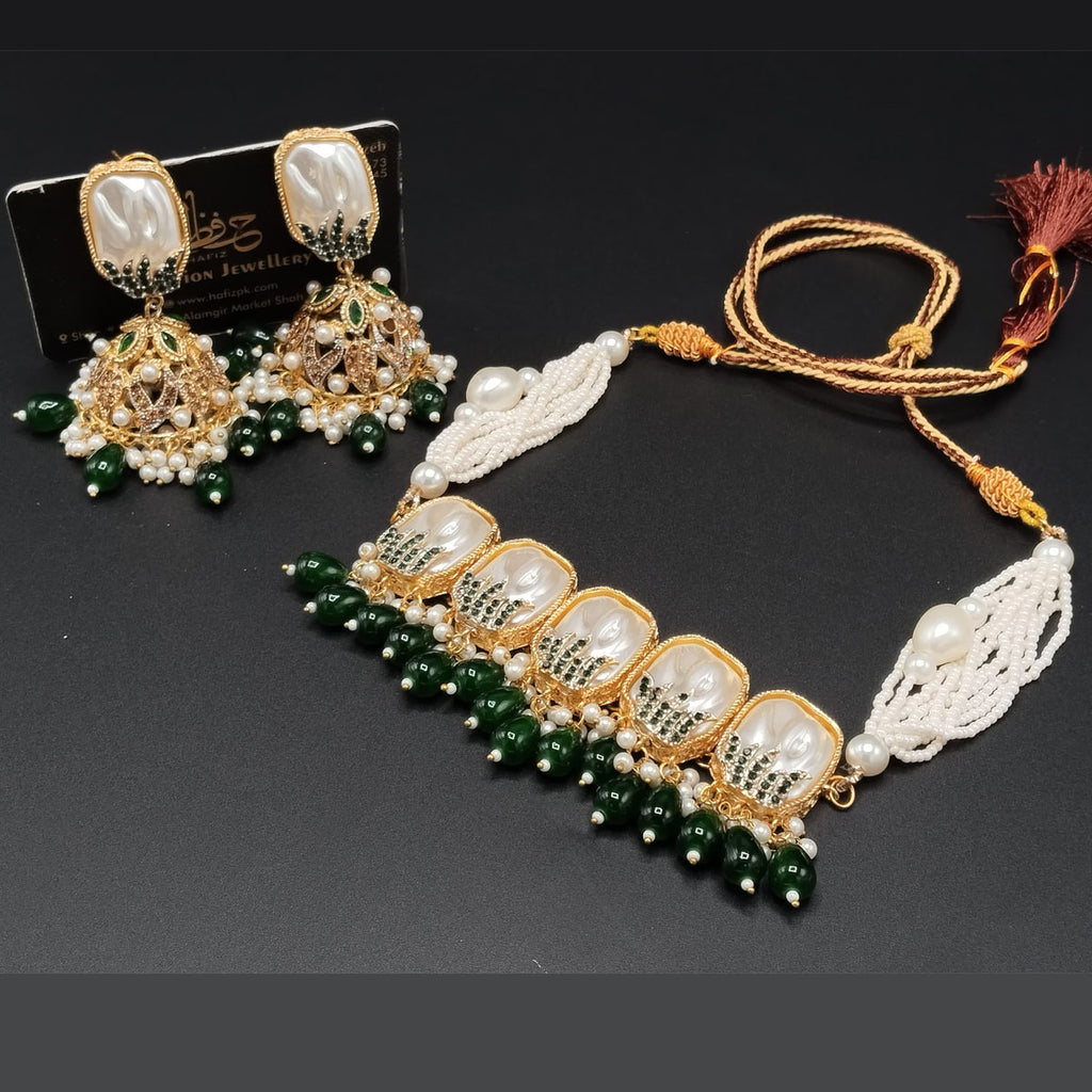 Gold-Tone Pearl Drop Choker Set with Beaded Strand – Rs,4,200