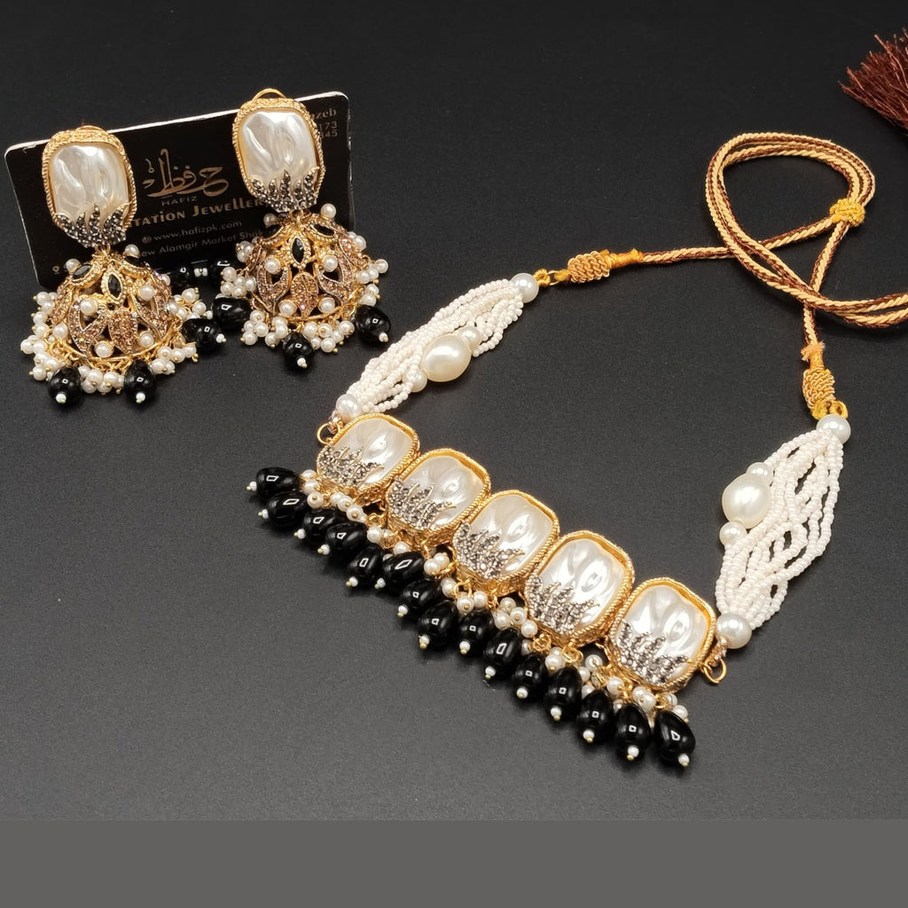 Gold-Tone Pearl Drop Choker Set with Beaded Strand – Rs,4,200