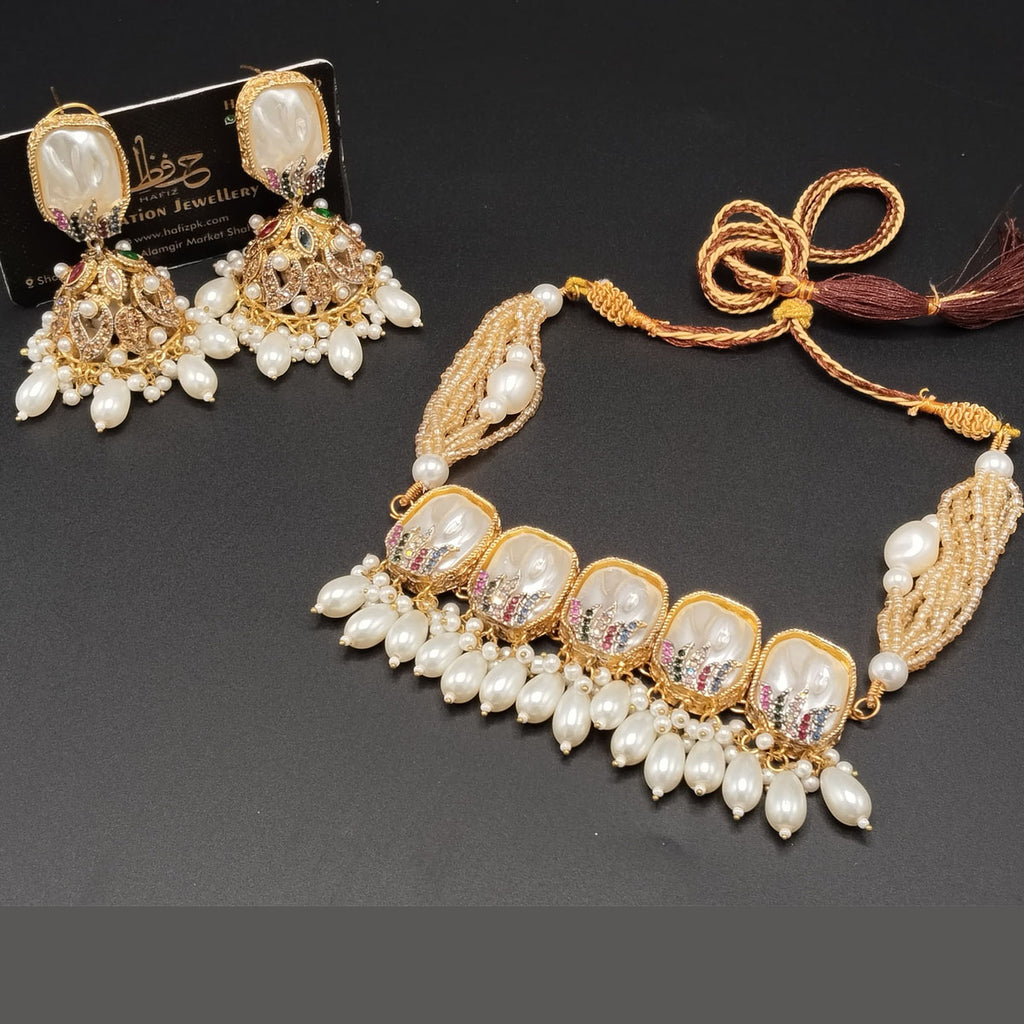 Gold-Tone Pearl Drop Choker Set with Beaded Strand – Rs,4,200