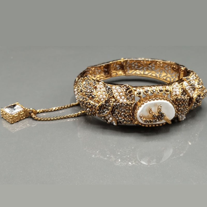 Luxury Antique Gold-Plated Bangle with Pearl & Multicolor Stonework