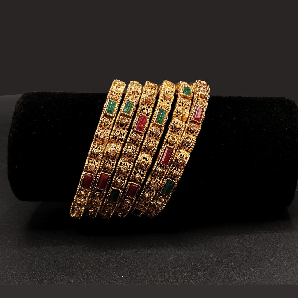 Gold-Tone Filigree Bangles with Red & Green Accents – Set of 6 – Rs,1,250