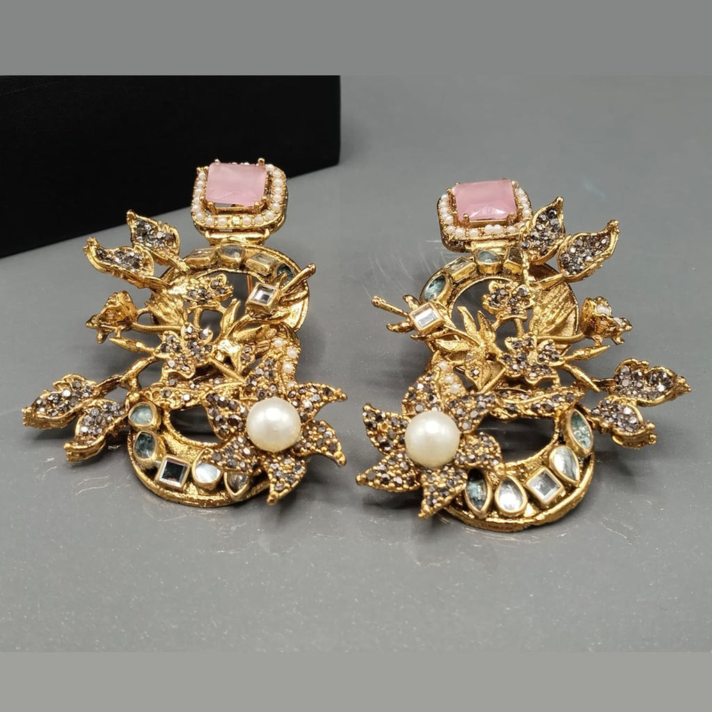 Antique Gold Floral Earrings with Stone & Pearls