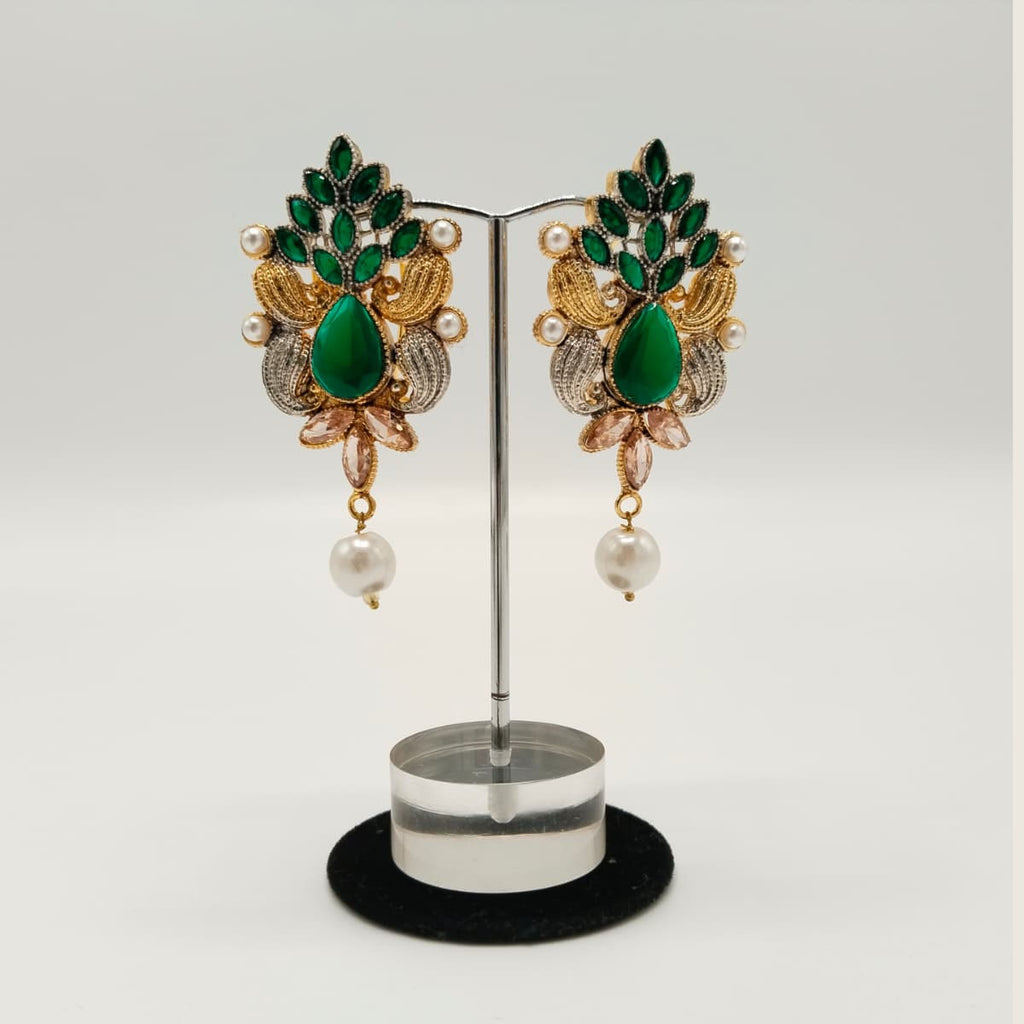 Gold Plated Drop Earrings with Peach Stones & Pearls