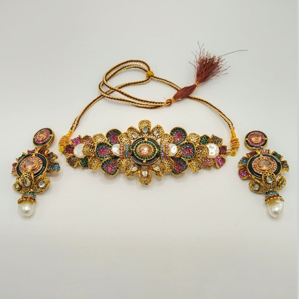 Antique Gold Floral Choker Necklace Set with Pearls
