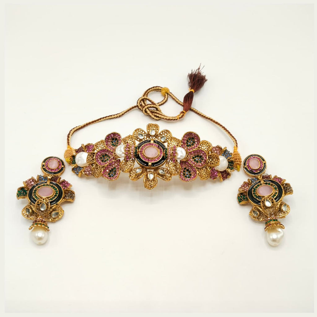 Antique Gold Floral Choker Necklace Set with Pearls