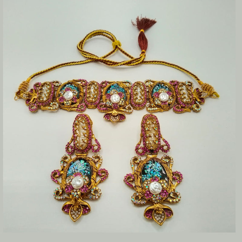 Antique Gold Stone Choker Necklace Set with Pearls