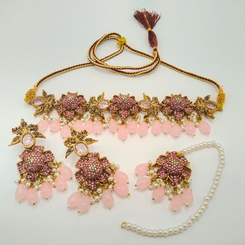 Antique Gold Floral Choker Necklace Set with Peach Beads