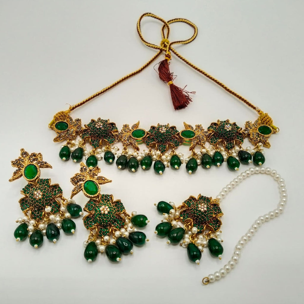 Antique Gold Floral Choker Necklace Set with Peach Beads