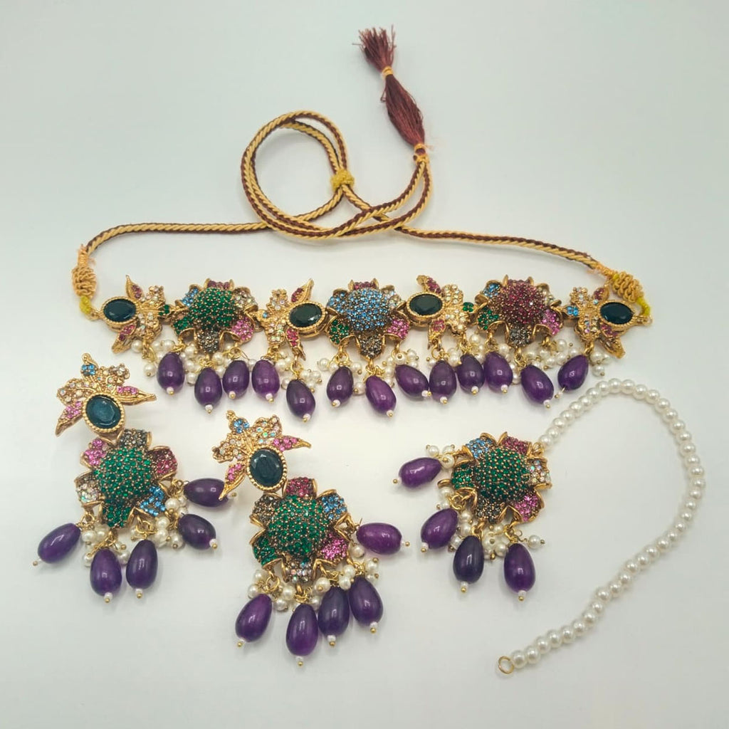 Antique Gold Floral Choker Necklace Set with Peach Beads