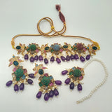 Antique Gold Floral Choker Necklace Set with Peach Beads