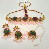Antique Gold Floral Choker Necklace Set with Peach Beads