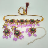 Antique Gold Floral Choker Necklace Set with Peach Beads