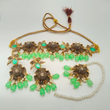 Antique Gold Floral Choker Necklace Set with Peach Beads