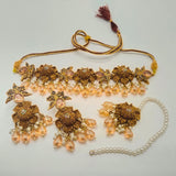 Antique Gold Floral Choker Necklace Set with Peach Beads