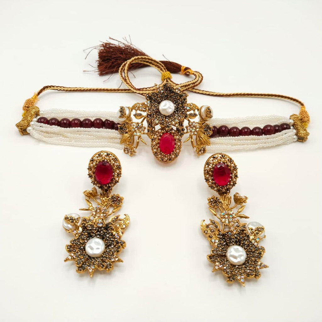 Antique Pearl Choker Necklace Set with Stone Embellished Earrings