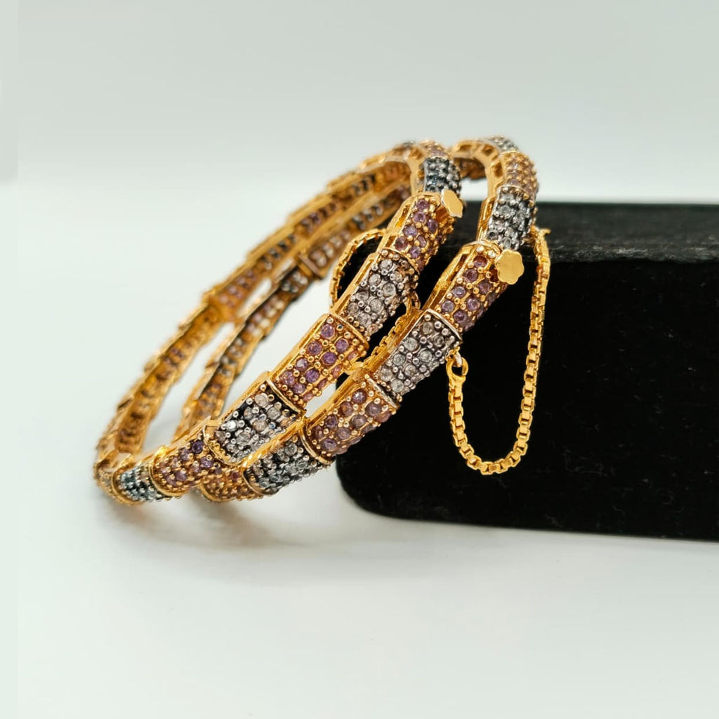 Gold Bangles with Multicolor Stones & Chain Lock – Set of 2