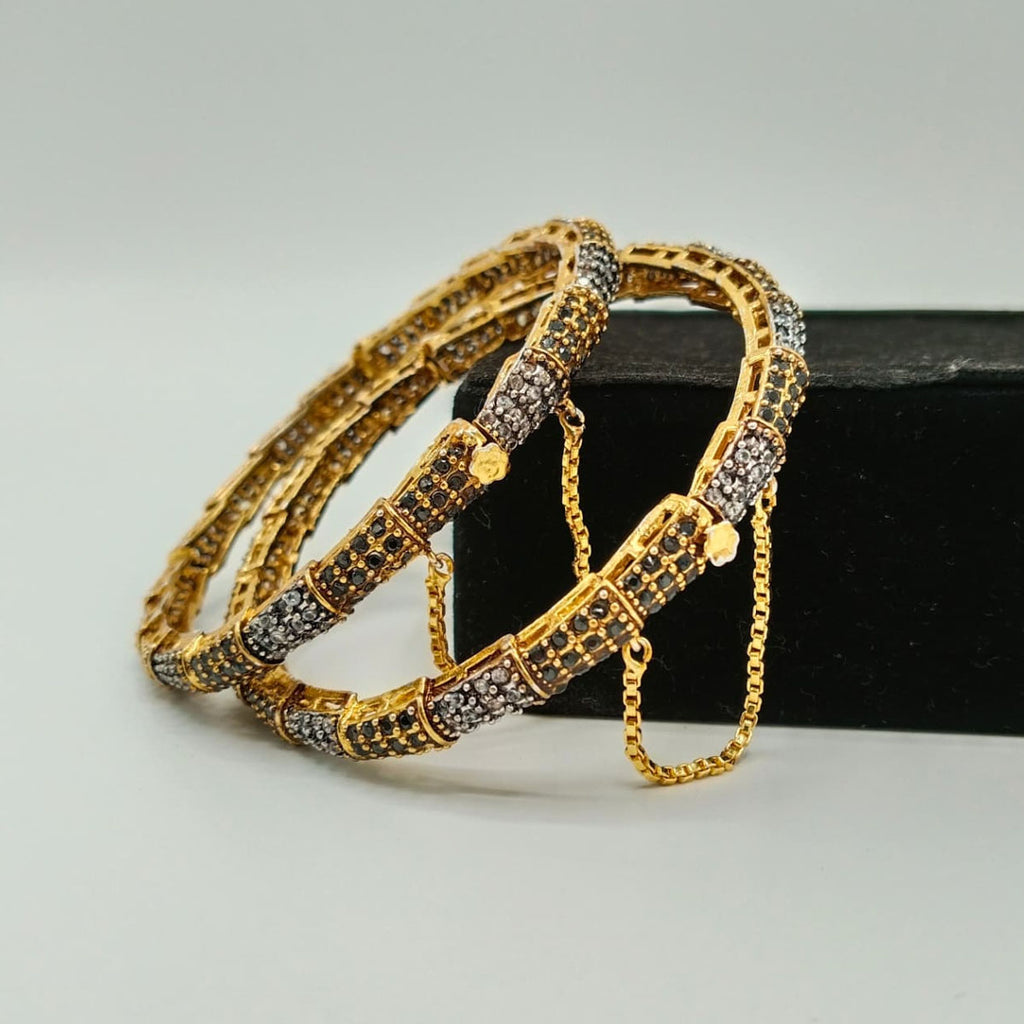 Gold Bangles with Multicolor Stones & Chain Lock – Set of 2