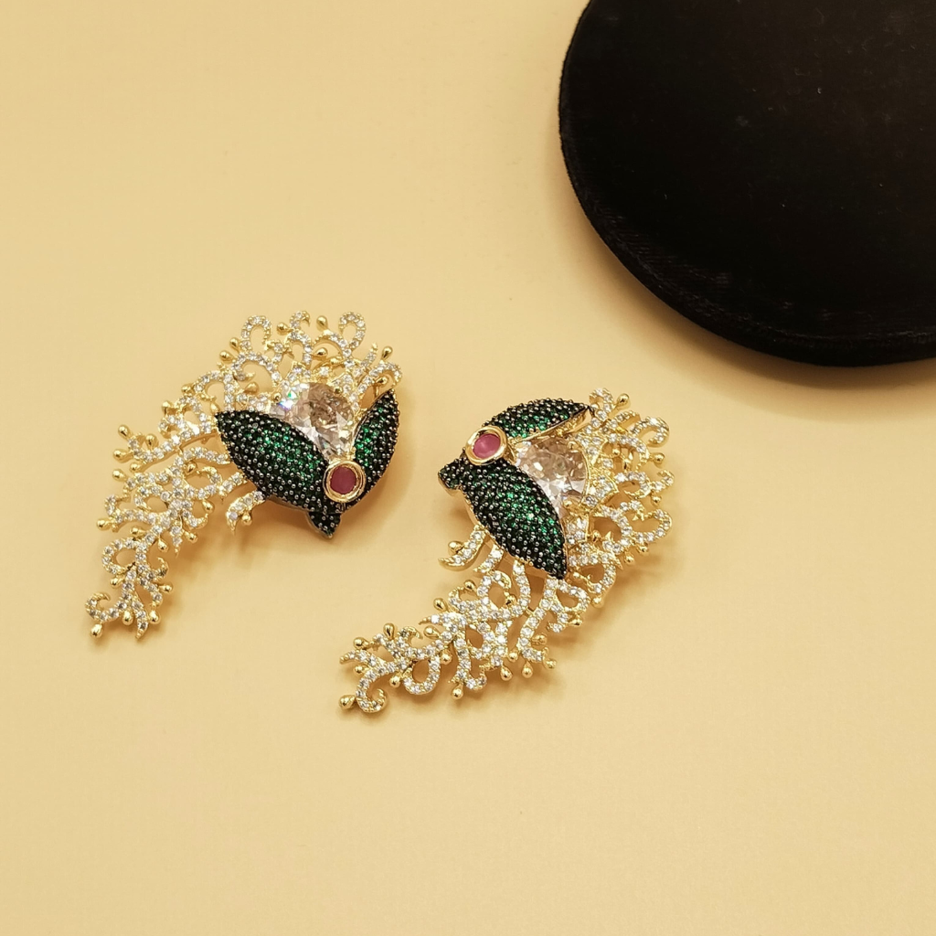 Phoenix Peacock Ear Climber Earrings – Gold Plated CZ Crystal Statement Bridal Cuff Jewelry
