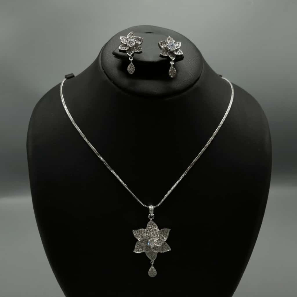 Floral Zircon Pendant Locket Set - Gold/Silver Tone Flower Jewellery | Rs. 1890