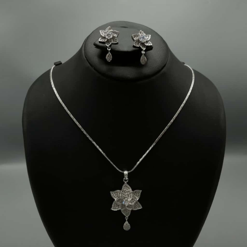 Floral Zircon Pendant Locket Set - Gold/Silver Tone Flower Jewellery | Rs. 1890