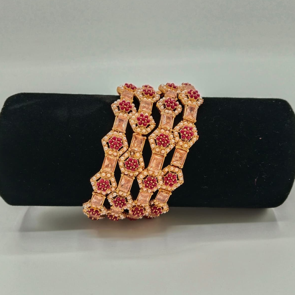 Geometric Polki/Zirconia Bangle Set of 4 - Elegant Wedding Guest Hand Jewellery