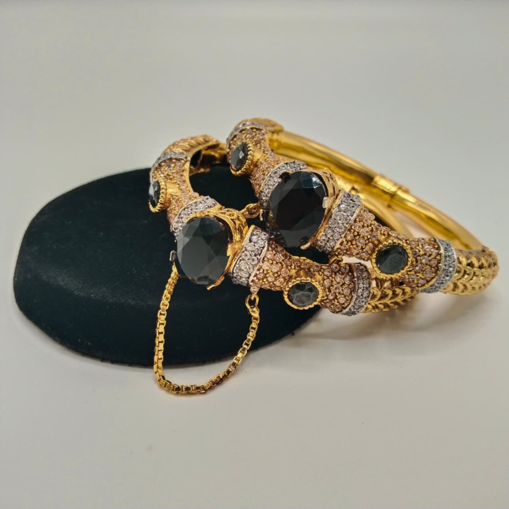 Heavy Gold Plated Kada Bangles with Large Oval Gemstone & CZ Detailing – Indian Bridal Bracelets (Set of 2)