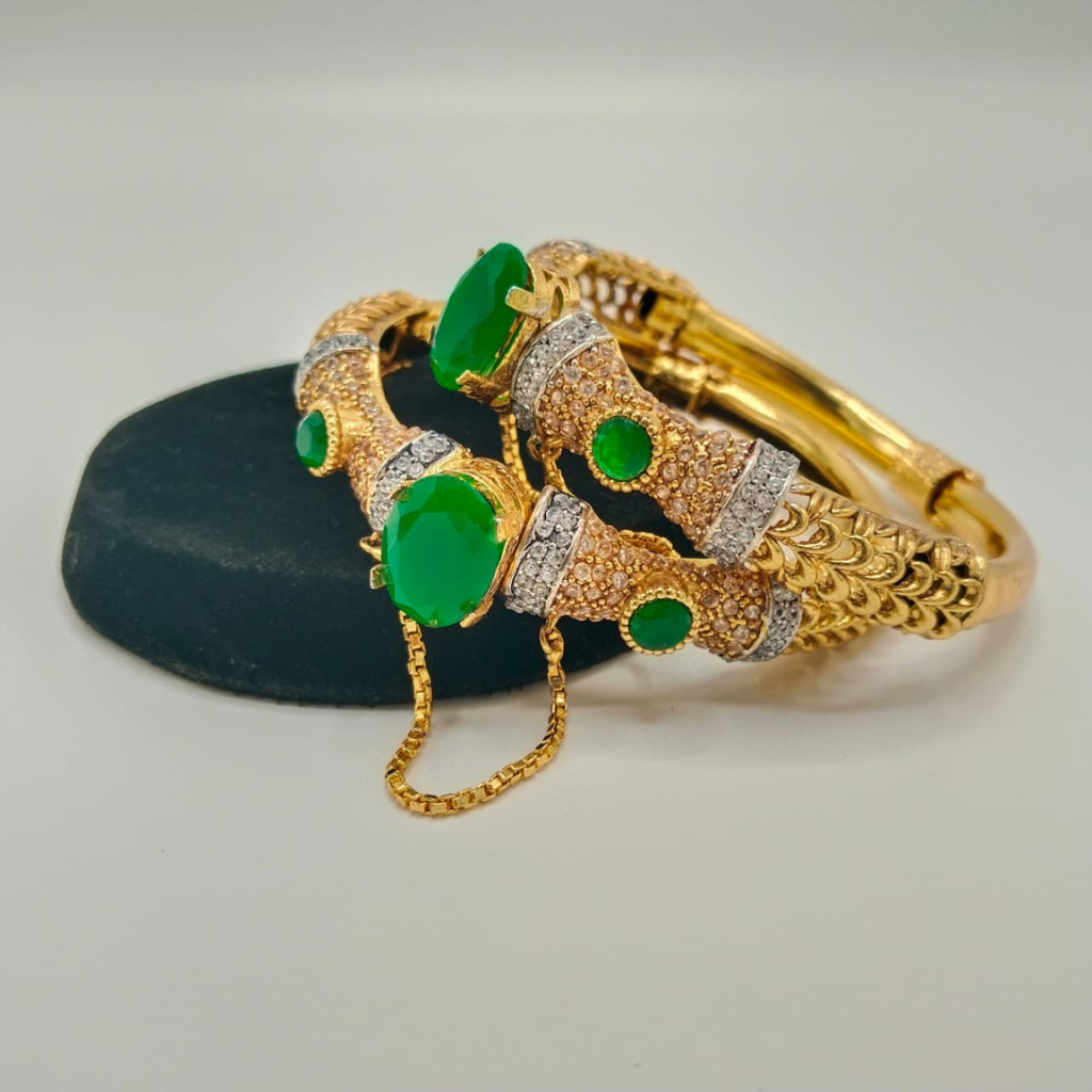 Heavy Gold Plated Kada Bangles with Large Oval Gemstone & CZ Detailing – Indian Bridal Bracelets (Set of 2)