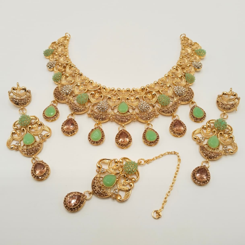 Traditional Filigree Collar Necklace Set with Maang Tikka & Earrings | Bridal & Wedding Jewelry β Hafizpk