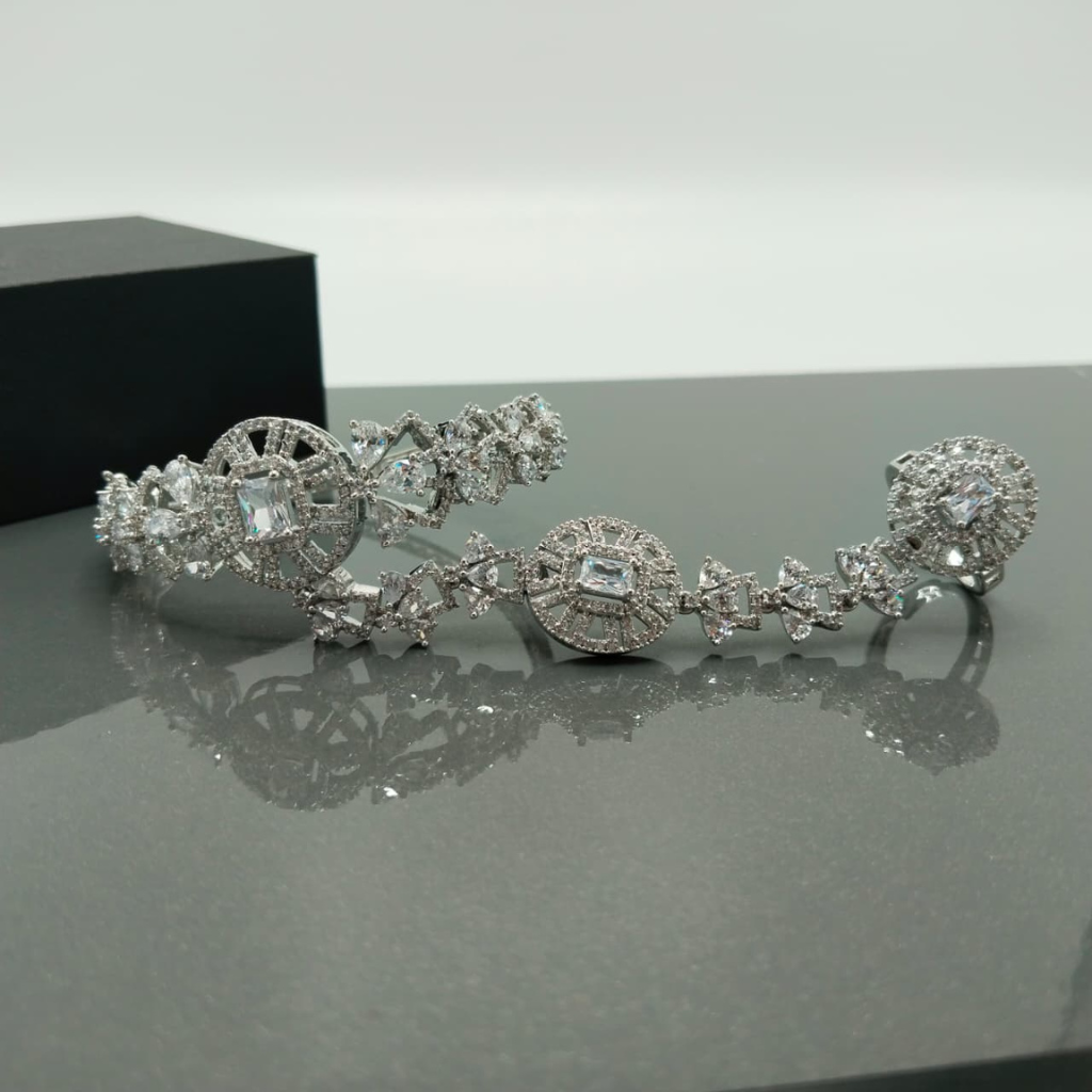 CZ Hand Harness (Haath Phool): Luxury Cubic Zirconia Hand Harness Bracelet with Ring – Diamond Look Bridal Hand Jewelry