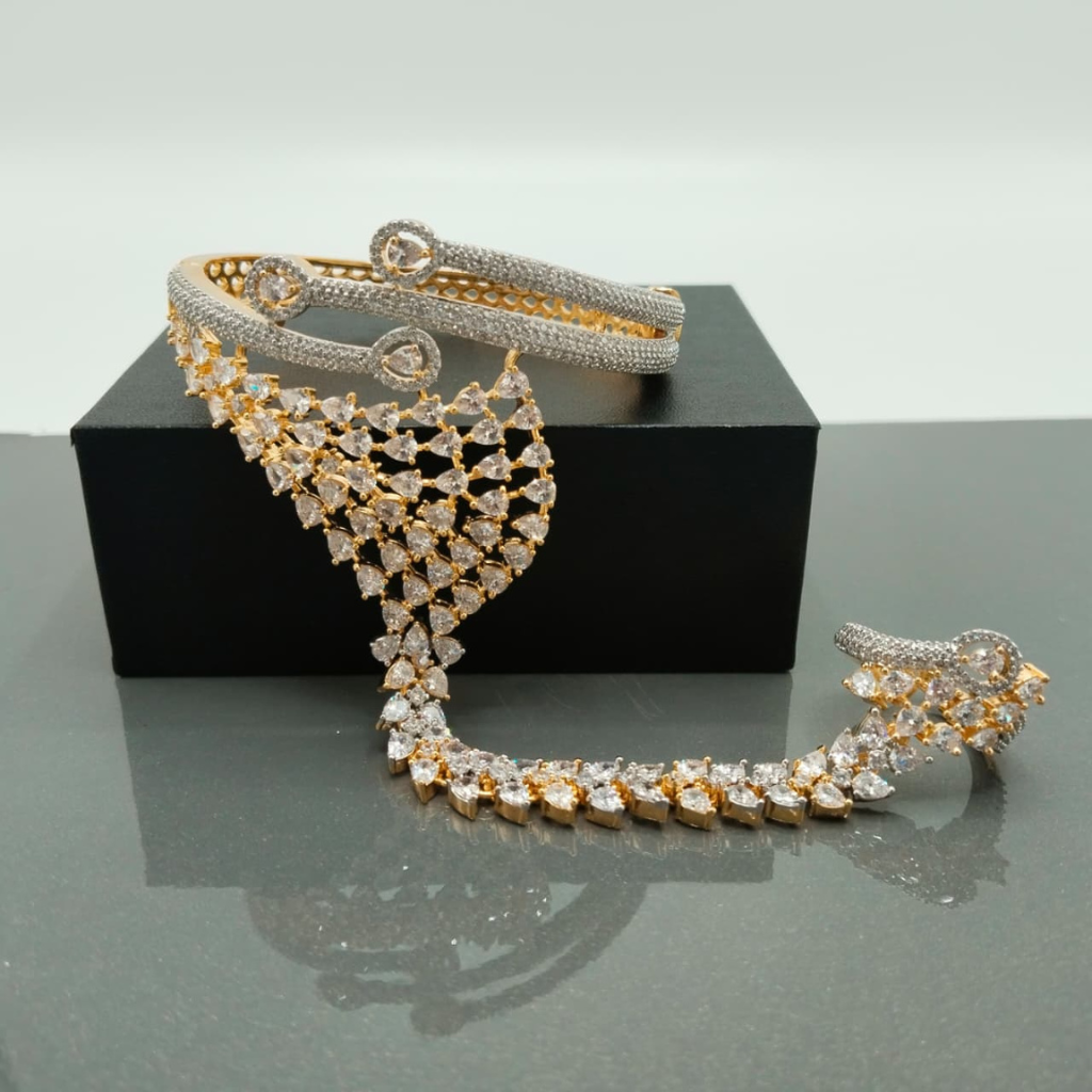 Luxury Pear-Cut CZ Hand Harness Bracelet with Ring – Diamond Look Haath Phool
