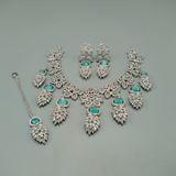 American Diamond Bridal Necklace Set | CZ Stone Wedding Jewelry with Maang Tikka – Hafizpk