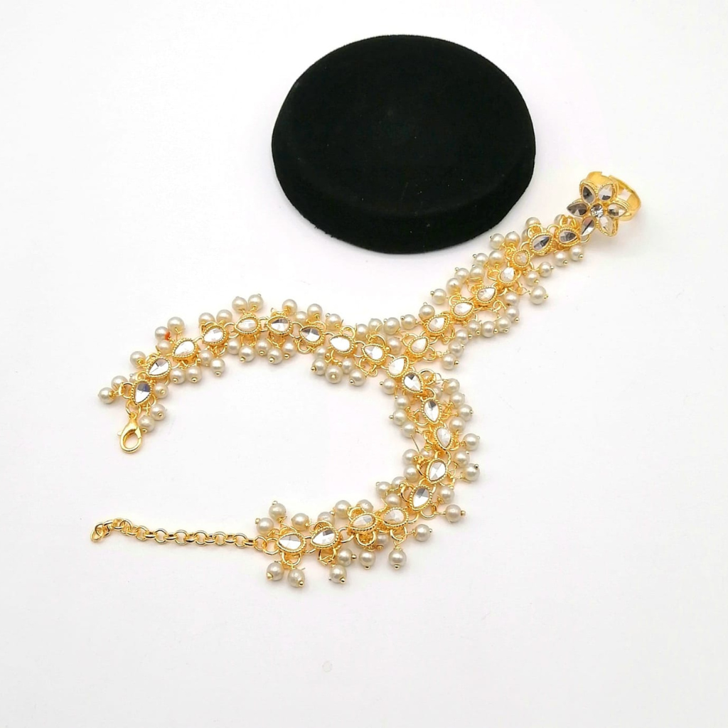 Kundan Pearl Hath phool – Finger Chain Ring for Women | Traditional Sangeet & Mehndi Jewelry