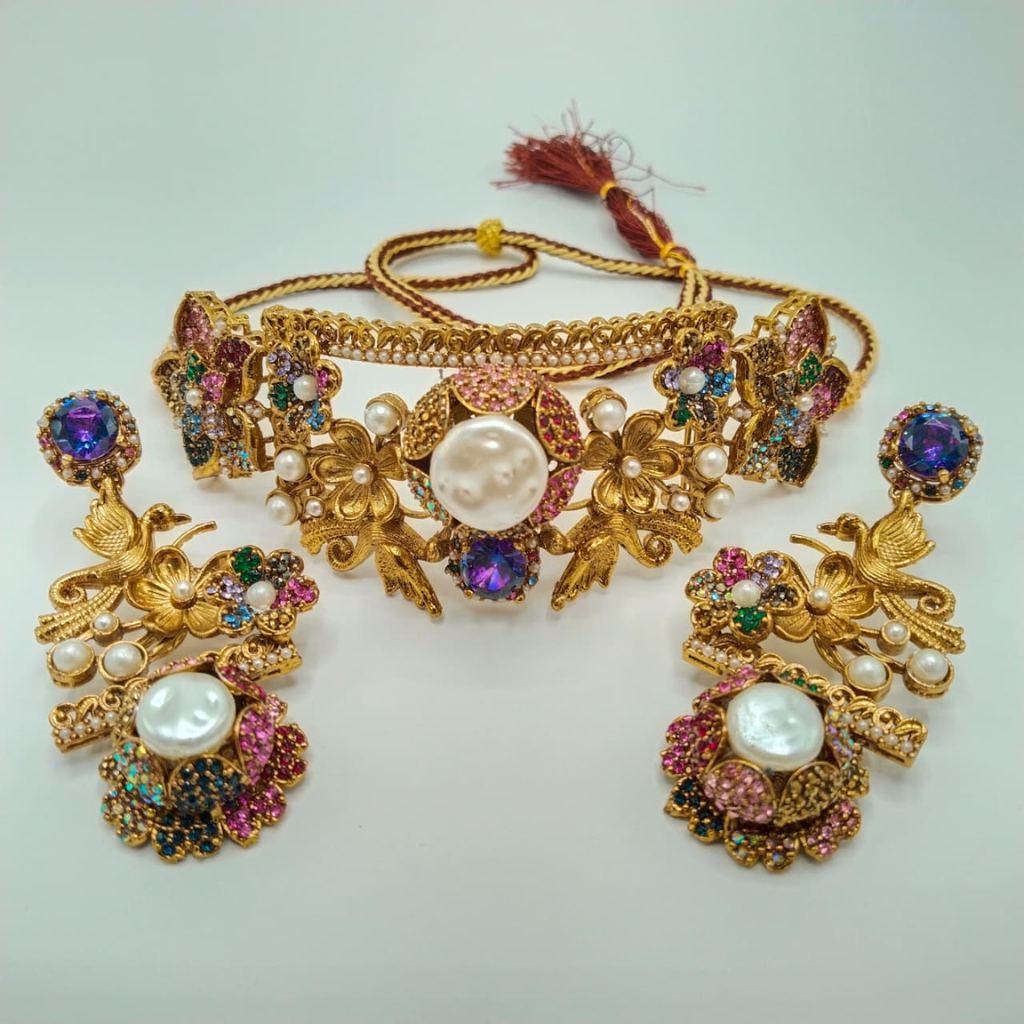 Luxury Antique Gold Plated Choker Set with Pearls – Premium Wedding & Party Jewellery | Hafizpk