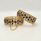 Filigree Gold Toned Cubic Zirconia openable Cuff Bracelet – Heavy Statement Bangle for Women | Indian Party Jewelry