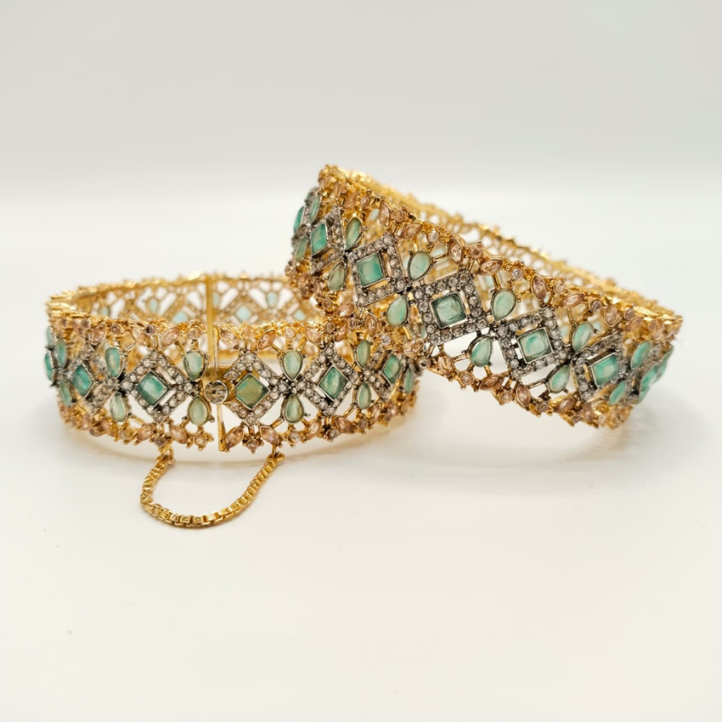 Filigree Gold Toned Cubic Zirconia openable Cuff Bracelet – Heavy Statement Bangle for Women | Indian Party Jewelry