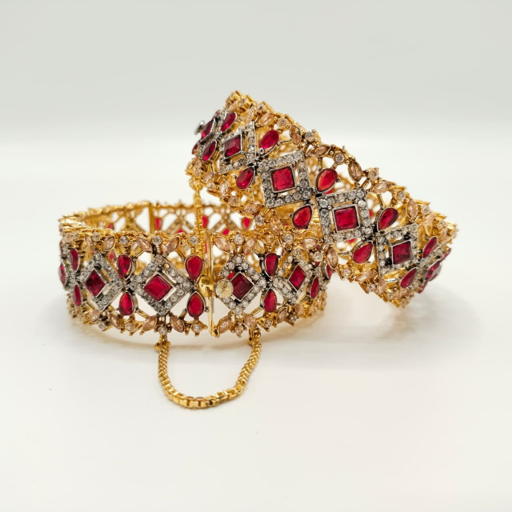 Filigree Gold Toned Cubic Zirconia openable Cuff Bracelet – Heavy Statement Bangle for Women | Indian Party Jewelry