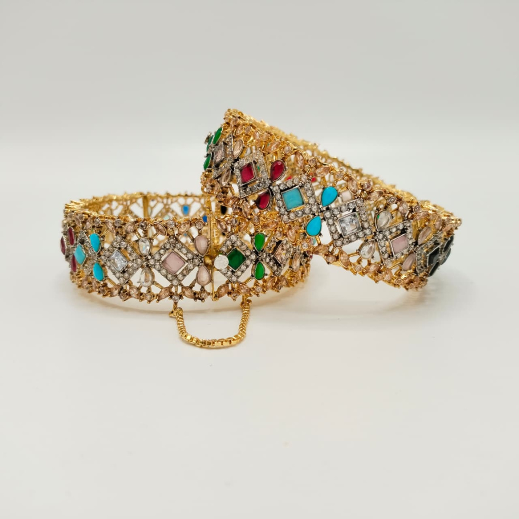 Filigree Gold Toned Cubic Zirconia openable Cuff Bracelet – Heavy Statement Bangle for Women | Indian Party Jewelry