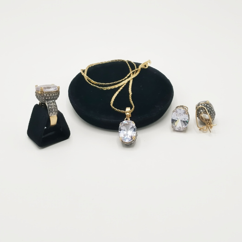 Vintage-Inspired CZ Jewelry Set – Oval Zirconia Ring, Pendant & Hoop Earrings for Bridal or Party Wear
