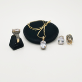 Vintage-Inspired CZ Jewelry Set – Oval Zirconia Ring, Pendant & Hoop Earrings for Bridal or Party Wear