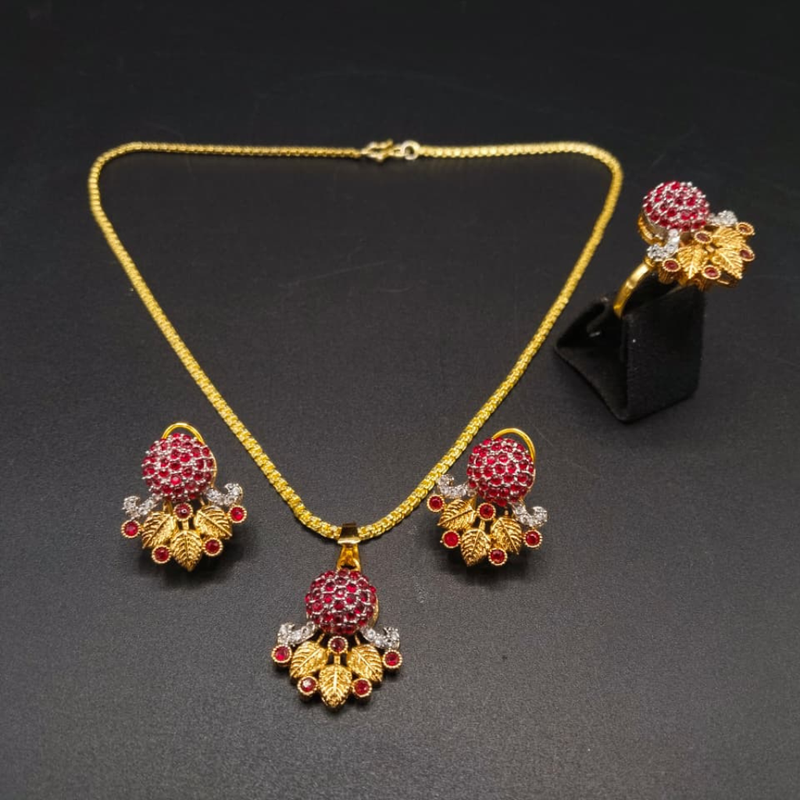 Floral Leaf CZ Jewelry Set – Gold Tone Pendant, Earrings & Ring | Indian Festive & Bridal Jewelry