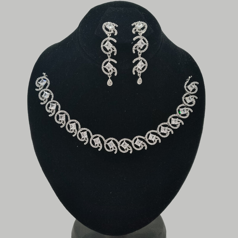 Luxury Rhodium-Plated Necklace & Earring Set – Crystal-Embedded Leaf Motif – Rs. 2,900